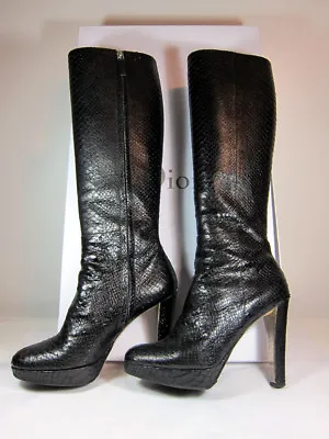 A Vintage Miss Dior Black Python Knee Boot Shoe 4.5  Heels Size IT 39. • $900