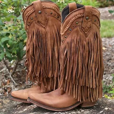 Liberty Black Vegas Fringe Western Cowgirl Boots Brown Leather Size 9.5 • $180