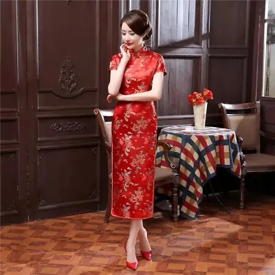 Luxurious Red Satin Dragon Phoenix Chinese Long Dress Cheongsam Qipao Lcdress54 • £13.99