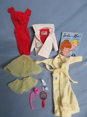 Vintage '61 Barbie Doll CLOTHES WHITE COAT 975 NIGHTY  ROBE 973 & RED SHEATH 986 • $12.99