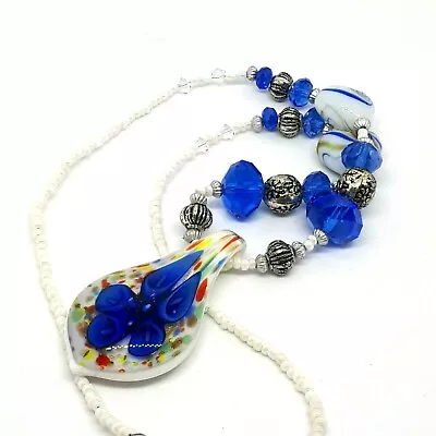 Venetian Murano Art Glass Millefiori Teardrop Necklace Pendant And Crystal Beads • $22.39