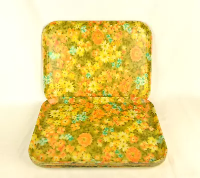 Vintage Dinner TV Serving Trays 5 Retro MCM Floral Fiberglass Daisies Yellow • $89.99