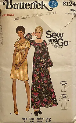 Vtg 70's Butterick 6124 Empire Waist DRESS Sewing Pattern Maxi Knee Length 12-14 • $7.95