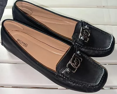 Michael Kors Shoes Womens 9M Slip On Moccassin Logo MK Charm Flat Black Leather  • $22.49