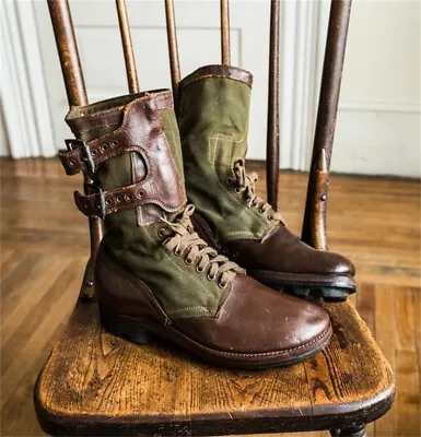 Large Size Retro Jungle Combat Boots Army Jungle Boots Leather Canvas Shoes • $27.29