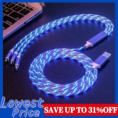 3 In 1 LED Light Up Charger Charging Cable USB Cord For Samsung IPhone Android • £3.79