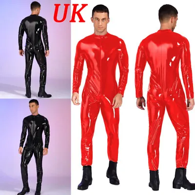 UK Mens Zipper Crotch Jumpsuit Catsuit Clubwear Wet Look Patent Leather Bodysuit • £27.99