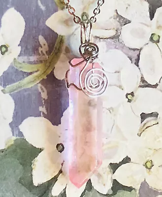 Pink Quartz Crystal Point Wire Wrapped Pendant Necklace • $14.60