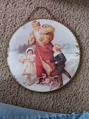 Vintage Flue Cover Victorian Santa Glass Wall Art With Chain • $30