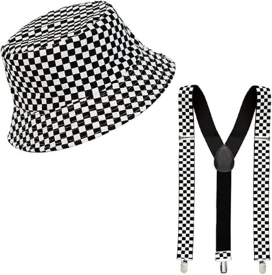 £12.90 • Buy Men's 80's Ska Two Tone Instant Kit Fancy Dress Chequered Bucket Hat & Braces
