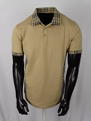 Mens Polo Shirt Khaki Plaid Italian Design Collar Slim Fit Stretch Casual Shirt • $27.95