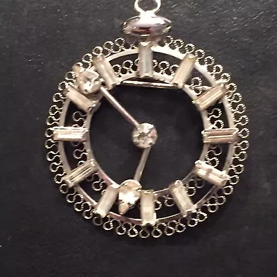 Vintage Sterling Silver Signed Star Art Rhinestone Clock Brooch/Pendant • $23.50