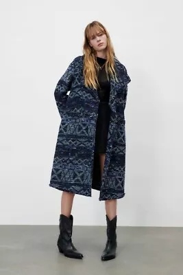 Nwt Zara Fluid Jacquard Coat Limited Edition Navy Blue - Ref. 2313/614 • $89.99