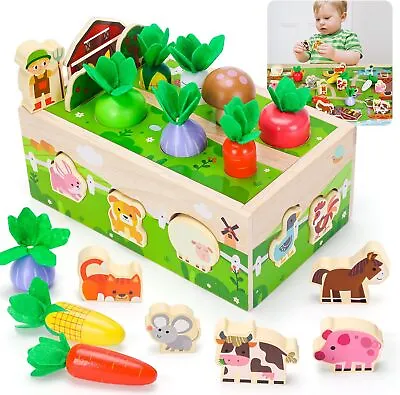Wooden Farm Orchard Toys Push Along Toy Play Set Animals Shape Sorter Wood Block • £9.99