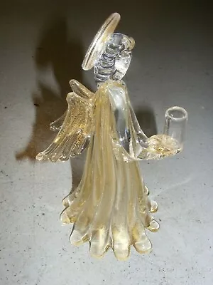 Murano Art Glass - Clear / Gold Mica Figural Angle Candle Holder Mint Free Ship • $49.99