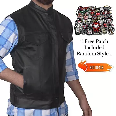 Men's SOA Black Genuine Premium Leather Anarchy Vest Motorcycle Biker FREE PATCH • $45.99