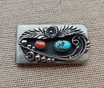 VTG Southwestern Money Clip W/ Turquoise Coral - Nickel Silver - NEW Condition • $12
