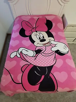 Disney MINNIE MOUSE Hearts FLEECE Plush BLANKET Twin Size Bed 66 X87  HAS STAIN • $19.99
