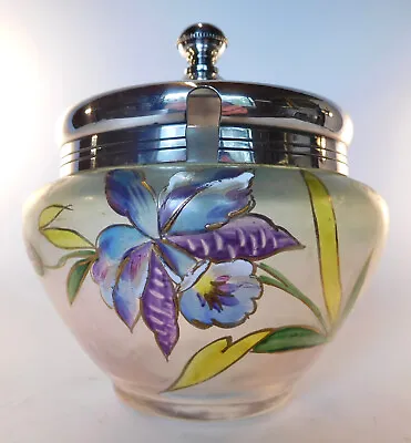French Enameled Art Glass Orchids Preserve Jar W/ Silver Lid - Legras/Mont Joye • $55
