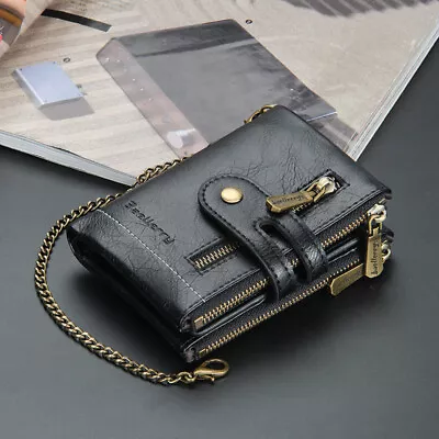 Black RFID Men's Clutch Leather Wallet Card Holder Zipper Coin Purse With Chain • $0.01