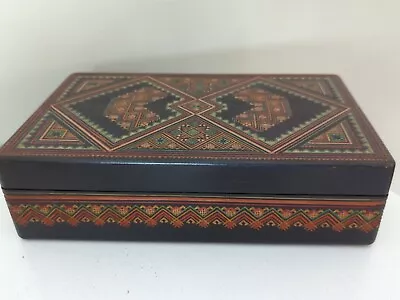 Vintage Carved Painted Wood Hinged Mosaic Geometric Design Jewelry Trinket Box • $31.95