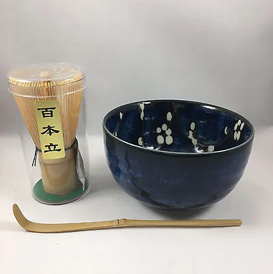 Japanese Matcha Bowl Bamboo Scoop 100 Whisk Tea Ceremony Set Blue Cherry Blossom • $28.95