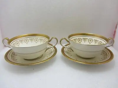 Set Of Two Aynsley Gold Dowery 7892 Twin Handles Soup Bowls & Stands • £39.99