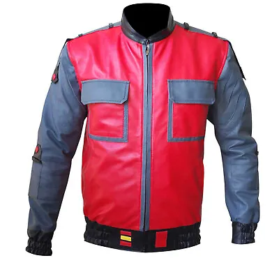 Back To The Future Inspired Marty McFly Bomber Faux Leather Red/Grey Jacket • $95.66