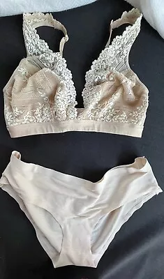 Wacoal Bra Embrace Lace Wire Free + Beige Sand Ivory Bikini Panty Set L XL 38 • $20.66