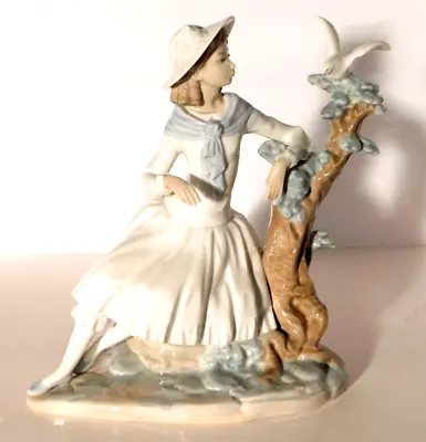 Nao Lladro Girl Sitting Watching Bird Dove On Tree Large Figurine Scarce • $78.50