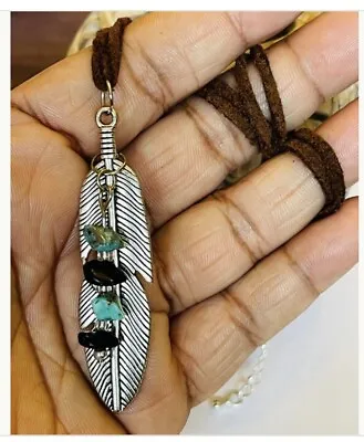 Native American Feather Necklace - Spiritual Turquoise & Obsidian Stone Handmade • £7.99