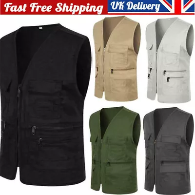 Mens Multi Pockets Workwear Vest Waistcoat Fishing Gillet Fisherman Utility Tops • £9.99