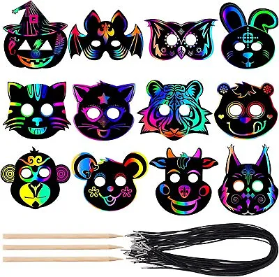 Halloween Mask Craft Kit For Kids DIY Rainbow Scratch Art Masks With 12 Elasti • £11.18