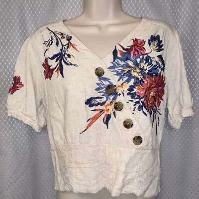 V Cristina Embroidered Beige Linen Blend Top Size Medium • $9.99