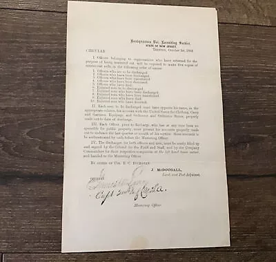 $50 • Buy Civil War 1864 NJ Volunteer Recruiting Office Circular Discharge Of Officers
