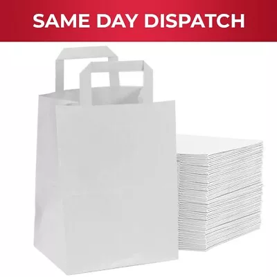 50 White Paper Bags With Handles For Food & Vegetables - 9.6 X 8.6 X 4.5 In • £9.02