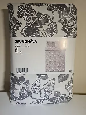 IKEA SKUGGNAVA Double Duvet Cover Set White Dark Grey Floral 200 X 200 Cm • £39.99