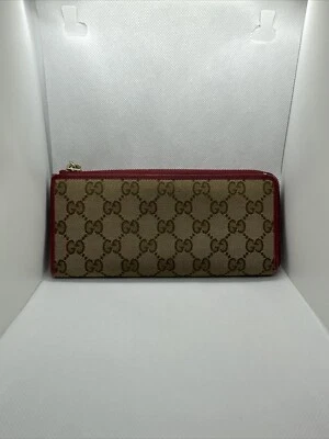 $70 • Buy GUCCI GG Red Zip Around Wallet Long With Gucci Heart Round Fastener Canvas