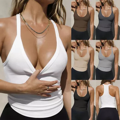 Womens Ladies Racer Back Vest Tank Top Sexy Summer Sleeveless Sports T Shirt Tee • £9.49