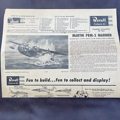 1957 Revell Martin PBM-5 Mariner Model Instructions Only • $6.99
