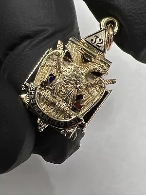 Stunning Masonic Freemason 32 Degree 14k Gold Fob Pendant Enamel Inlay M466 • $980