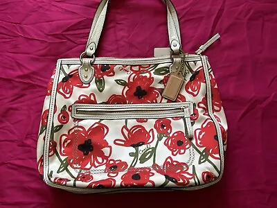 COACH Poppy Red Rose Floral Canvas Glam Tote Shoulder Bag • $60