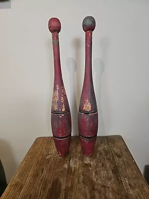 Antique - Vintage Pair (2) - (17 Inch) 1 LB Wooden Indian Club Juggling Pin. • $90