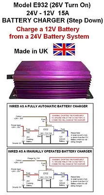 BATTERY CHARGER 24V To 12V STEP DOWN DC-DC 15AMP / 180W (Model E932 26V Turn On) • £108