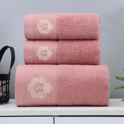 Set Of 3 Bathroom Cotton Towels Set Embroidered Luxury 2 Hand Towels 35X75Cm And • £28.98