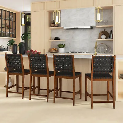 Set Of 4 Woven Bar Stools Counter Height Dining Chairs Faux PU Leather Kitchen • $309.99