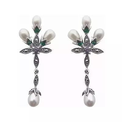 Drop Earrings 925 Sterling Silver Set With Pearl Amethyst Marcasite And Enamel • £121.90