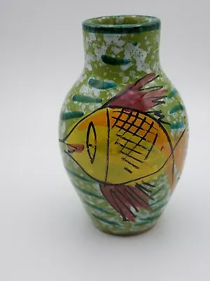 Vintage Italian Handmade Hand Painted Green Pottery Vase Fish 2 Sided Design • $27