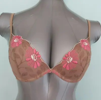 Ex La Senza Bra Size 32D Underwired Padded Floral Lace Nude Brown Lingerie • £7.95