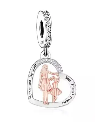 Mother And Daughter Mum Best Friends Forever Heart Dangle Charm - Silver 925 • £14.99